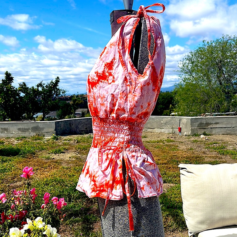 🚫Gifted Friends Hilda top peach & orange tie dye 100% cotton slim seer sucker - Picture 5 of 10